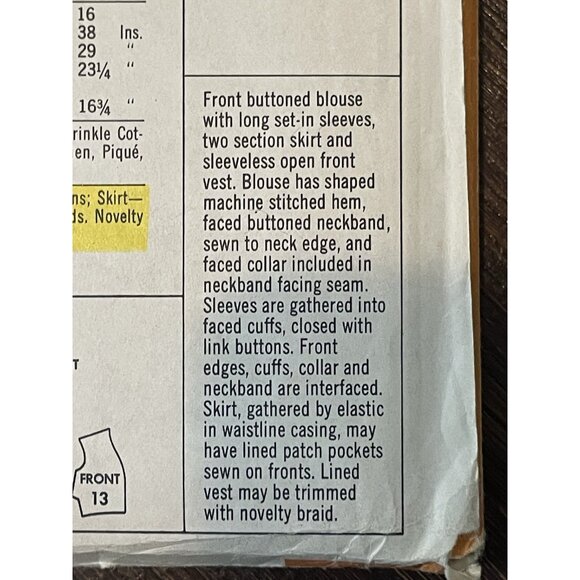 McCall's 9580 Pattern Vintage 1960s Misses Button Up Blouse Skirt Vest Size 12 - Picture 4 of 4